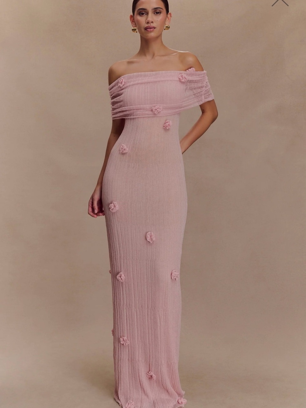 Meshki Blush Pink Off-Shoulder Floral Appliqué Maxi Dress